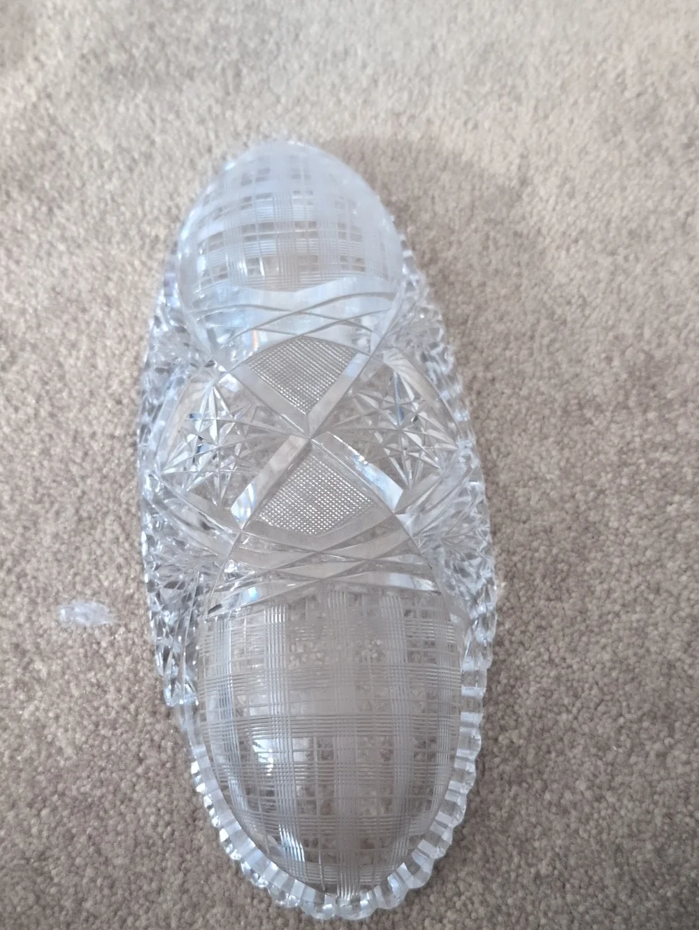 This is an American Brilliant Period cut glass celery dish.